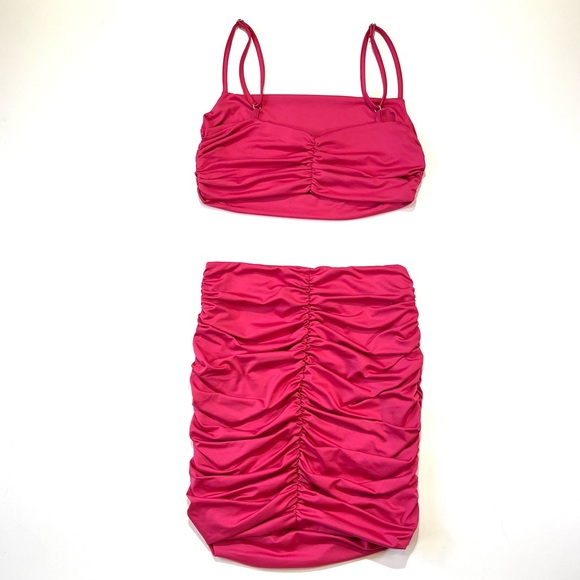 Hot Pink 2 Piece Body Con Cami Crop Top and Ruched Mini Skirt Dress Medium - EUC - Picture 4 of 7